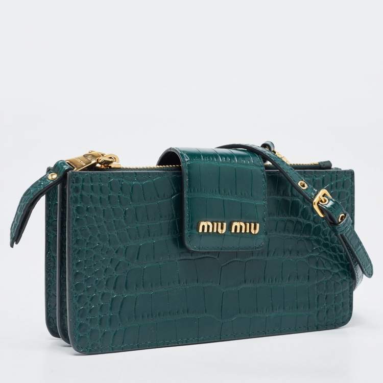 Pre Owned Miu Miu Green Croc Embossed Leather Phone Wallet Crossbody Bag
