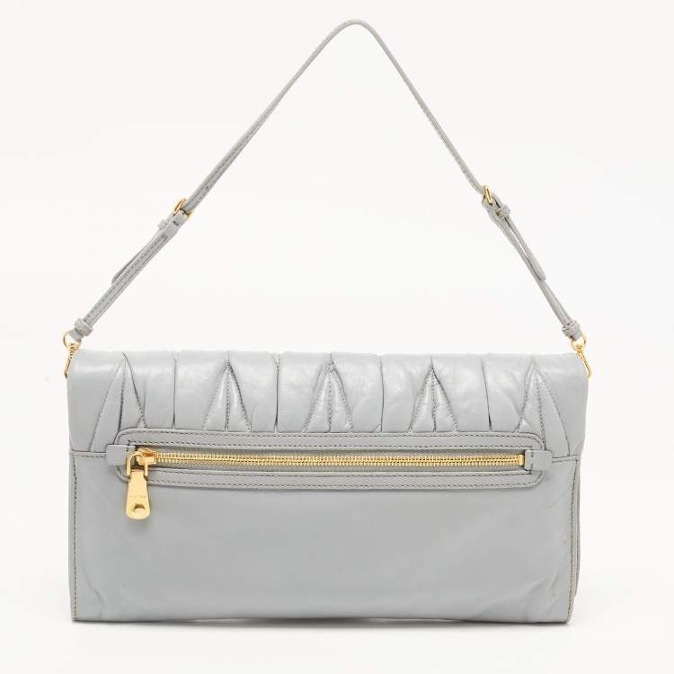 Pre Owned Miu Miu Ash Blue Matelassé Leather Flap Clutch Bag
