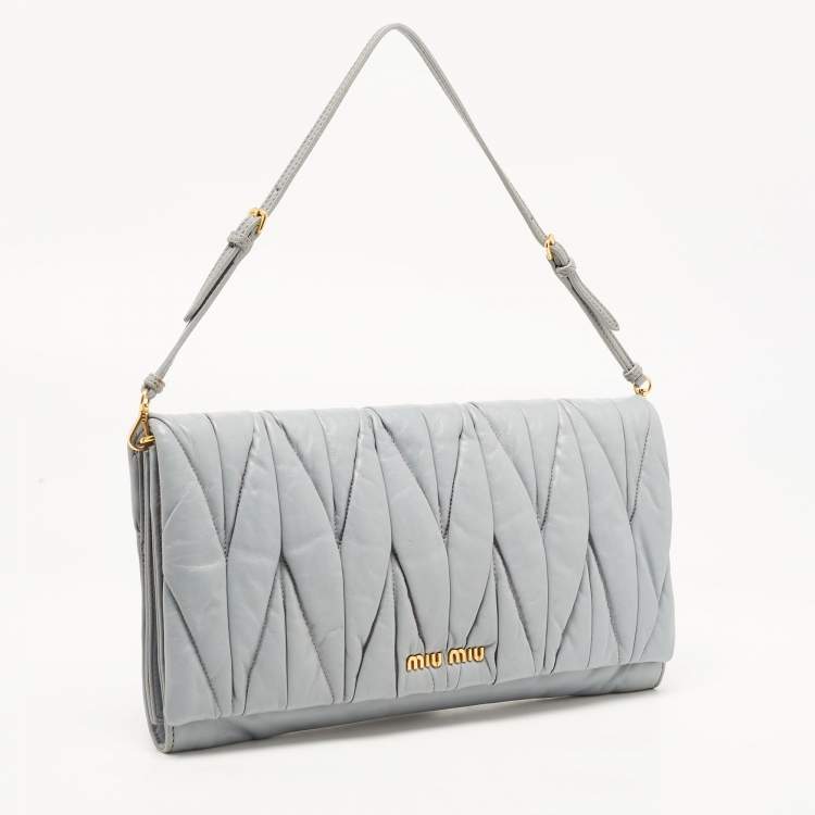 Pre Owned Miu Miu Ash Blue Matelassé Leather Flap Clutch Bag
