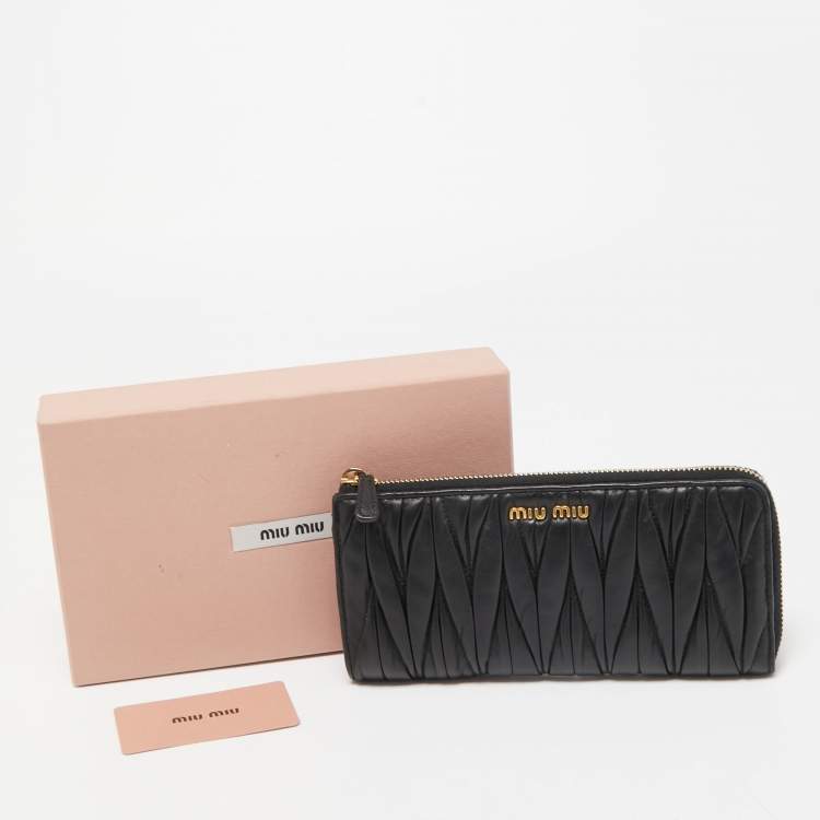 Pre Owned Miu Miu Black Matelassé Leather Logo Zip Around Continental Wallet