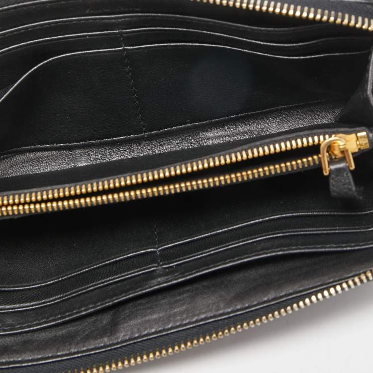 Pre Owned Miu Miu Black Matelassé Leather Logo Zip Around Continental Wallet
