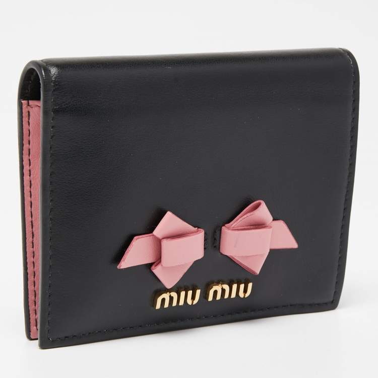 Pre Owned Miu Miu Black/Pink Leather Bow Flap Card Case