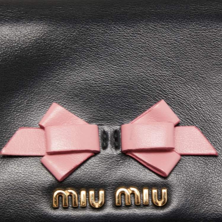 Pre Owned Miu Miu Black/Pink Leather Bow Flap Card Case
