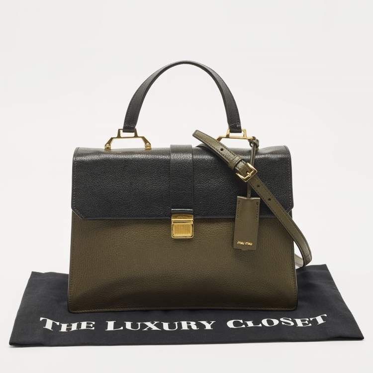 Pre Owned Miu Miu Green/Black Madras Leather Pushlock Flap Top Handle Bag
