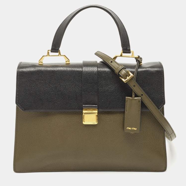 Pre Owned Miu Miu Green/Black Madras Leather Pushlock Flap Top Handle Bag