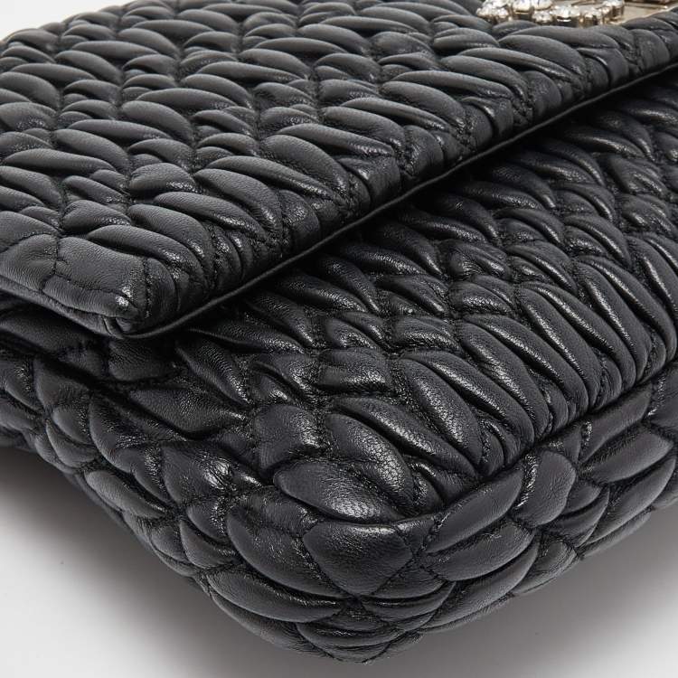 Pre Owned Miu Miu Black Matelassé Leather Crystals Chain Shoulder Bag