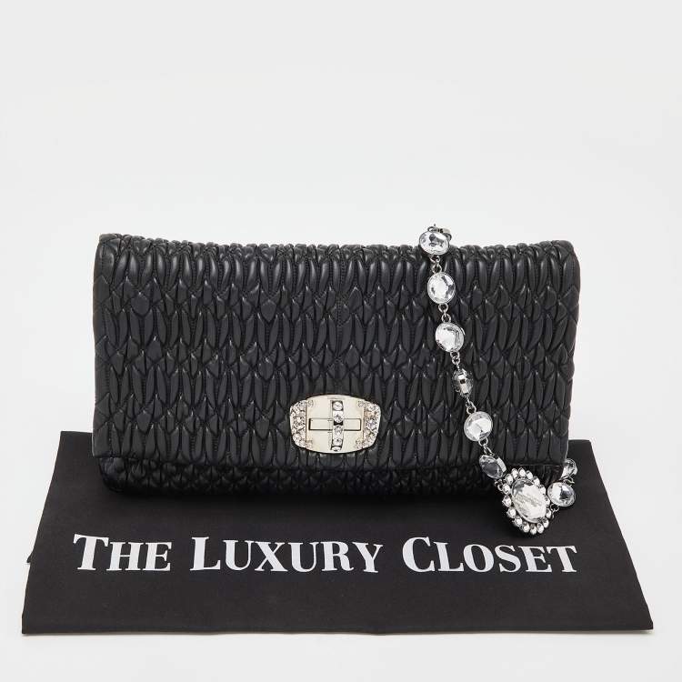 Pre Owned Miu Miu Black Matelassé Leather Crystals Chain Shoulder Bag