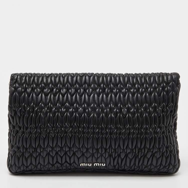 Pre Owned Miu Miu Black Matelassé Leather Crystals Chain Shoulder Bag