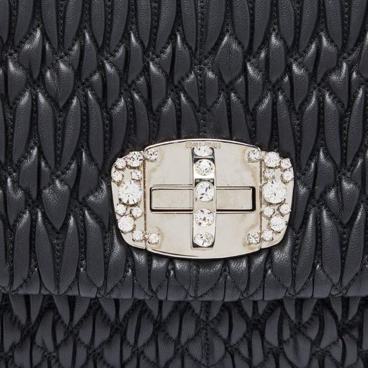 Pre Owned Miu Miu Black Matelassé Leather Crystals Chain Shoulder Bag