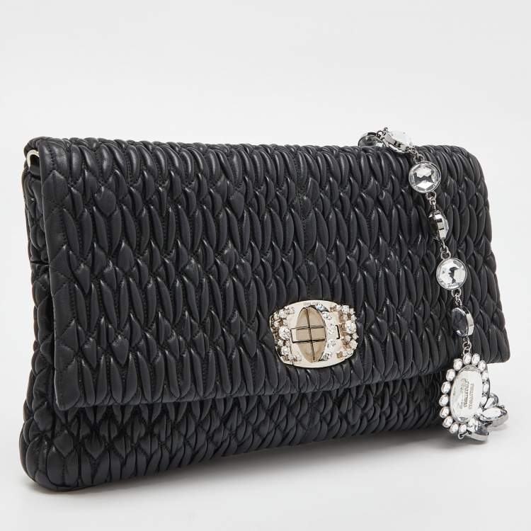 Pre Owned Miu Miu Black Matelassé Leather Crystals Chain Shoulder Bag