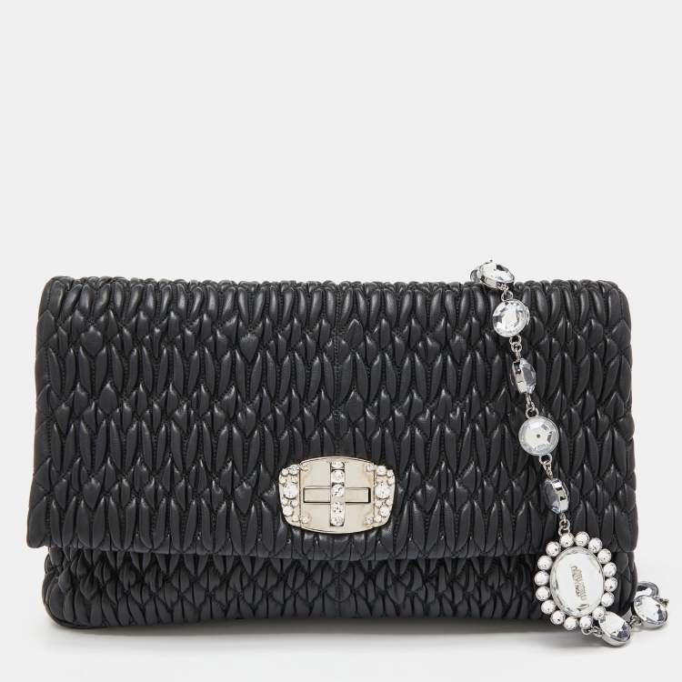 Pre Owned Miu Miu Black Matelassé Leather Crystals Chain Shoulder Bag