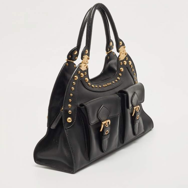Pre Owned Miu Miu Black Leather Studded Pocket Satchel