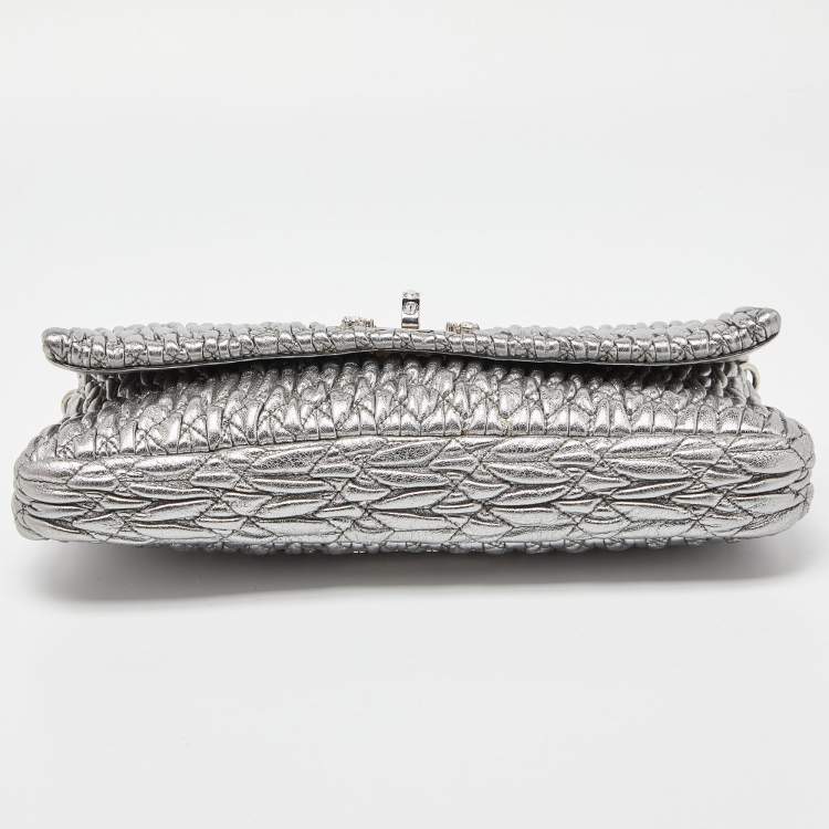 Pre Owned Miu Miu Metallic Silver Matelasse Leather Crystal Shoulder Bag