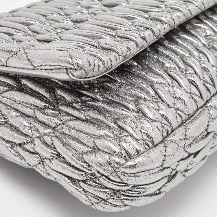 Pre Owned Miu Miu Metallic Silver Matelasse Leather Crystal Shoulder Bag