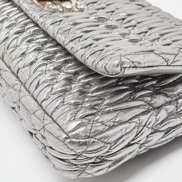 Pre Owned Miu Miu Metallic Silver Matelasse Leather Crystal Shoulder Bag