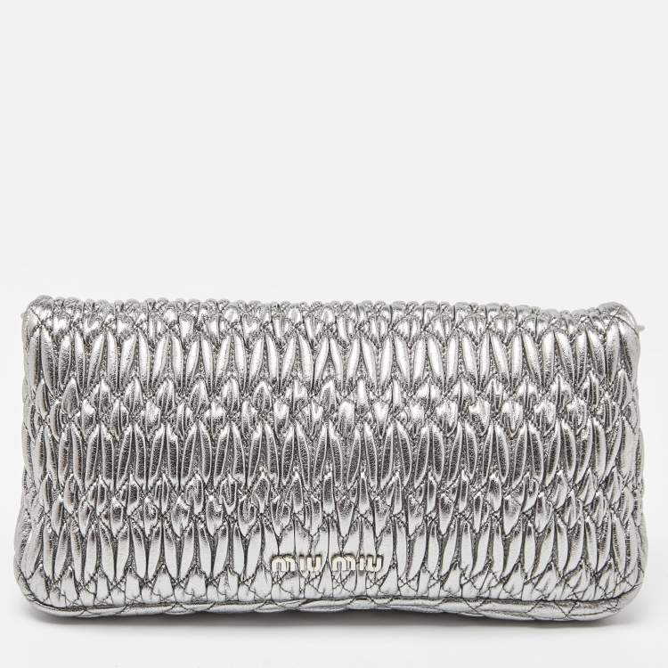 Pre Owned Miu Miu Metallic Silver Matelasse Leather Crystal Shoulder Bag