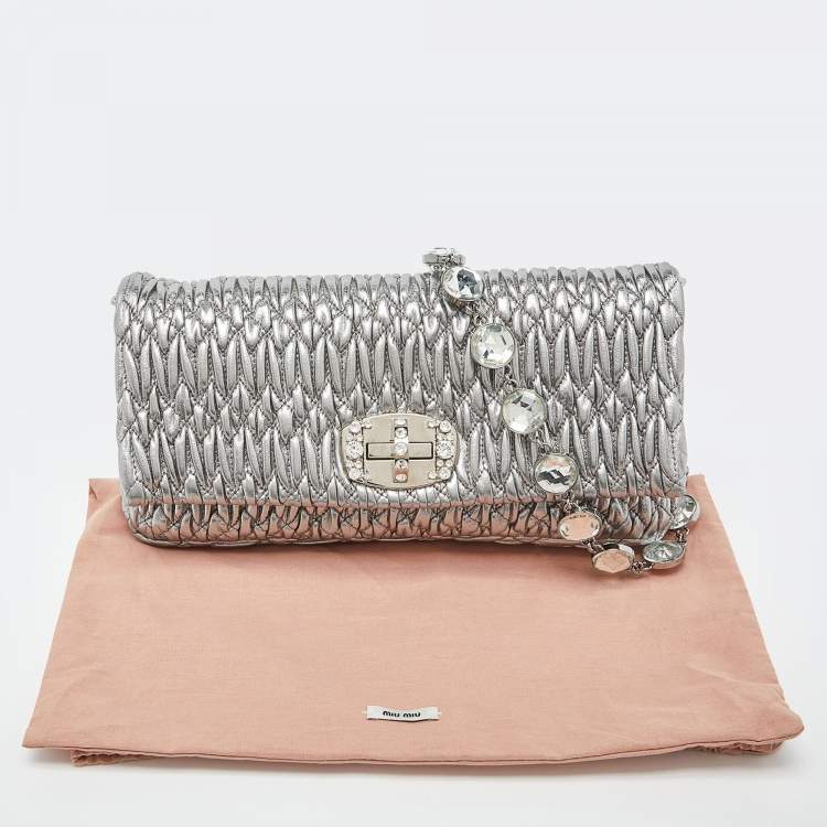 Pre Owned Miu Miu Metallic Silver Matelasse Leather Crystal Shoulder Bag