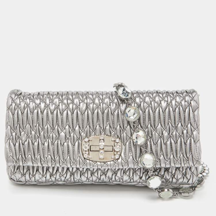 Miu Miu Metallic Silver Matelasse Leather Crystal Shoulder