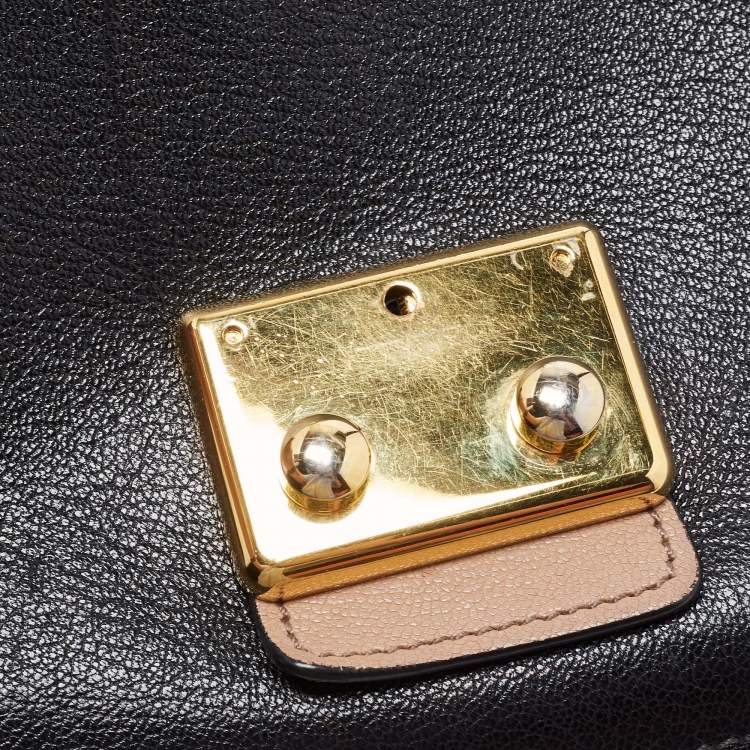 Pre Owned Miu Miu Black/Beige Madras Leather Push Lock Flap Top Handle Bag