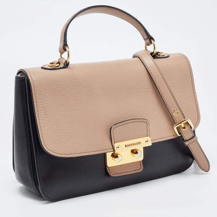 Pre Owned Miu Miu Black/Beige Madras Leather Push Lock Flap Top Handle Bag