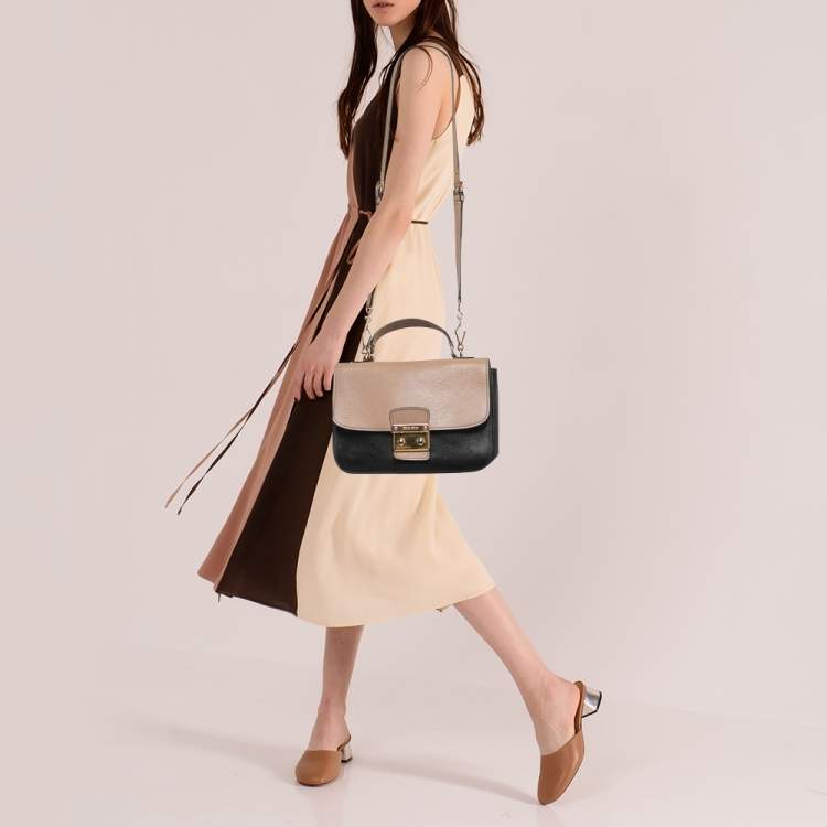 Pre Owned Miu Miu Black/Beige Madras Leather Push Lock Flap Top Handle Bag