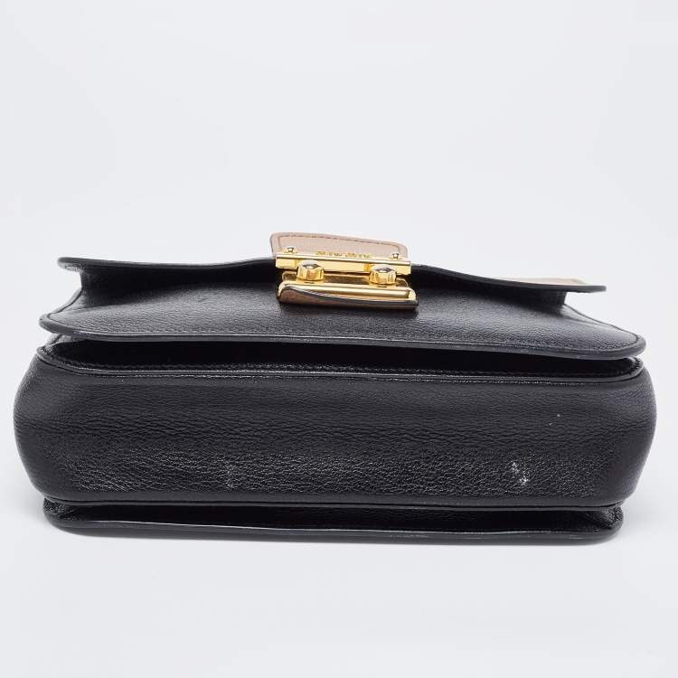 Pre Owned Miu Miu Black/Beige Madras Leather Push Lock Flap Top Handle Bag