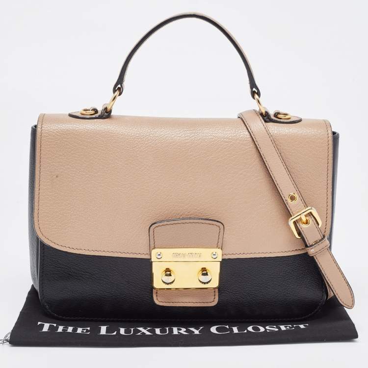 Pre Owned Miu Miu Black/Beige Madras Leather Push Lock Flap Top Handle Bag