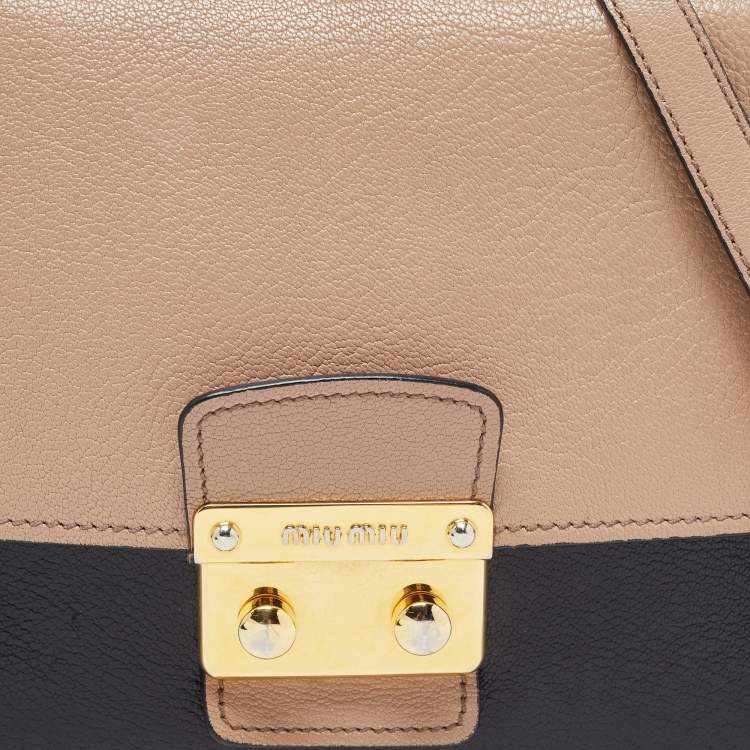 Pre Owned Miu Miu Black/Beige Madras Leather Push Lock Flap Top Handle Bag
