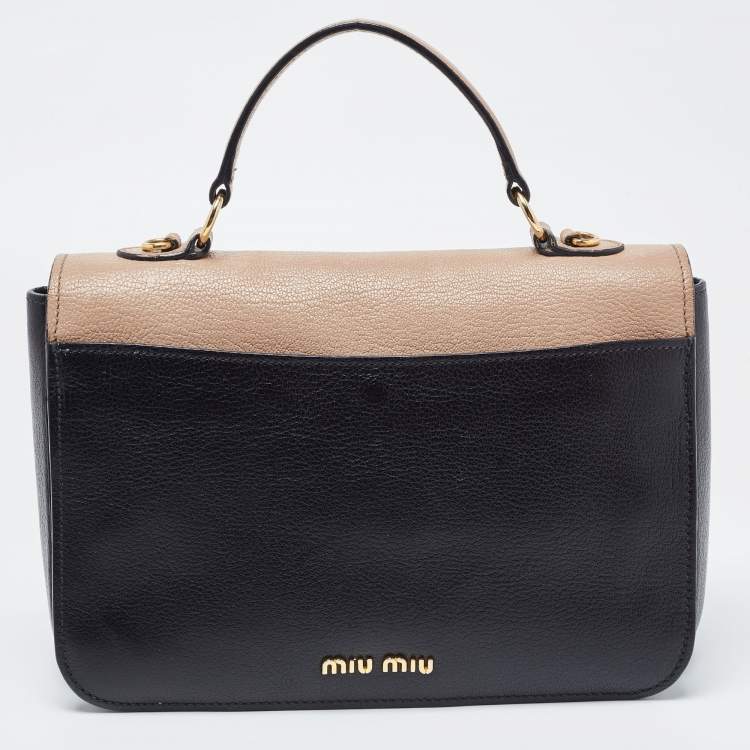 Pre Owned Miu Miu Black/Beige Madras Leather Push Lock Flap Top Handle Bag