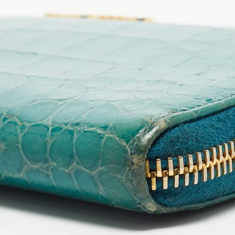 Pre Owned Miu Miu Green Croc Embossed Leather Zip Around Wallet