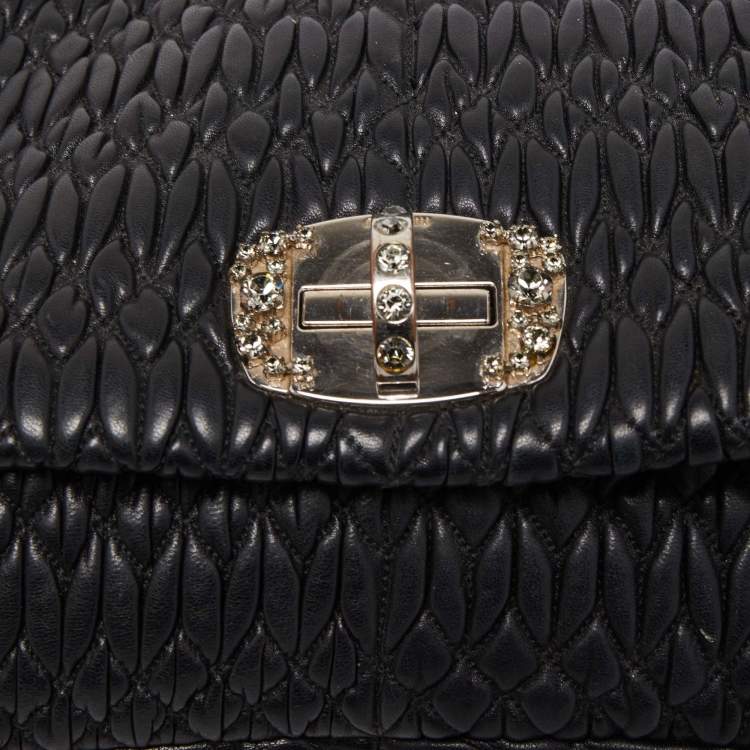 Pre Owned Miu Miu Black Matelasse Leather Crystal Shoulder Bag