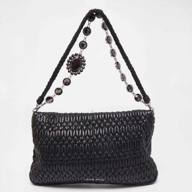 Pre Owned Miu Miu Black Matelasse Leather Crystal Shoulder Bag