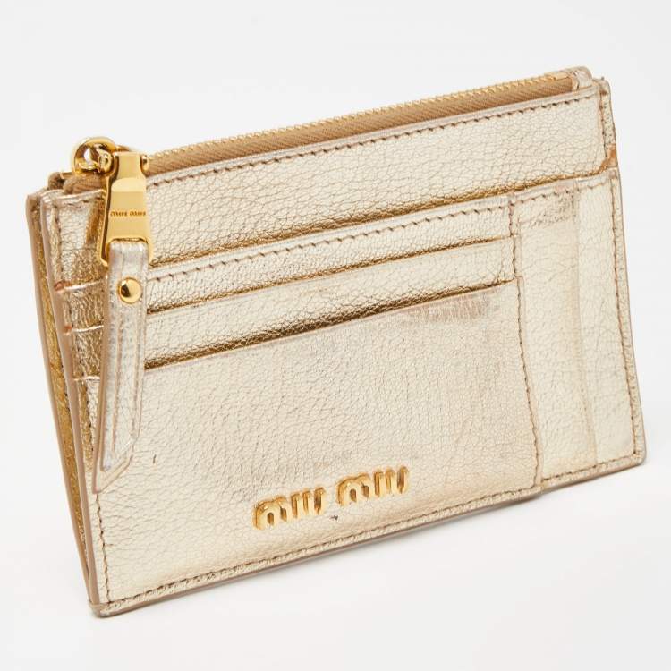 Pre Owned Miu Miu Metallic Gold Leather Madras Zip Card Case