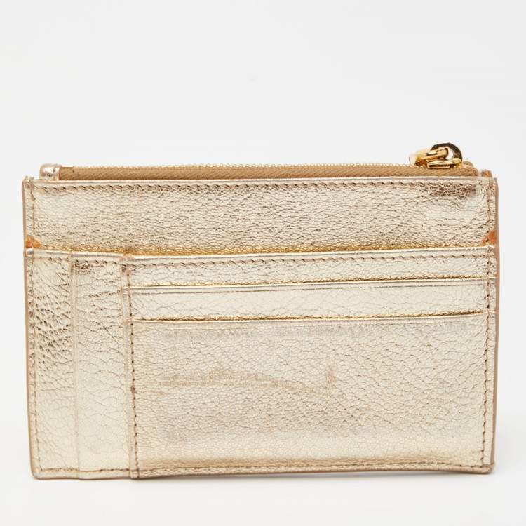 Pre Owned Miu Miu Metallic Gold Leather Madras Zip Card Case