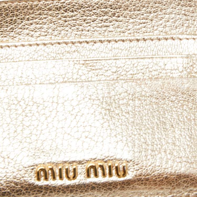 Pre Owned Miu Miu Metallic Gold Leather Madras Zip Card Case