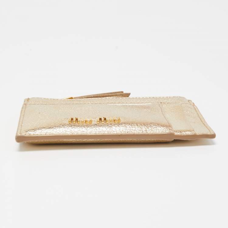 Pre Owned Miu Miu Metallic Gold Leather Madras Zip Card Case