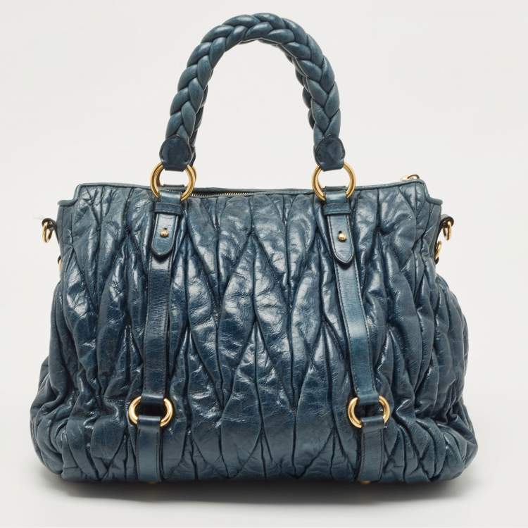 Pre Owned Miu Miu Navy Blue Matelassé Leather Braided Handle Tote