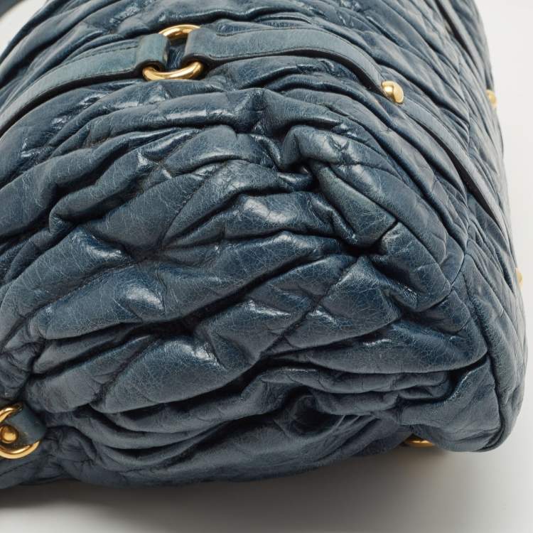 Pre Owned Miu Miu Navy Blue Matelassé Leather Braided Handle Tote