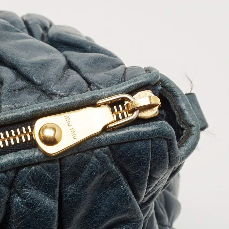 Pre Owned Miu Miu Navy Blue Matelassé Leather Braided Handle Tote