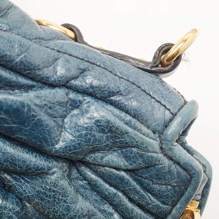 Pre Owned Miu Miu Navy Blue Matelassé Leather Braided Handle Tote