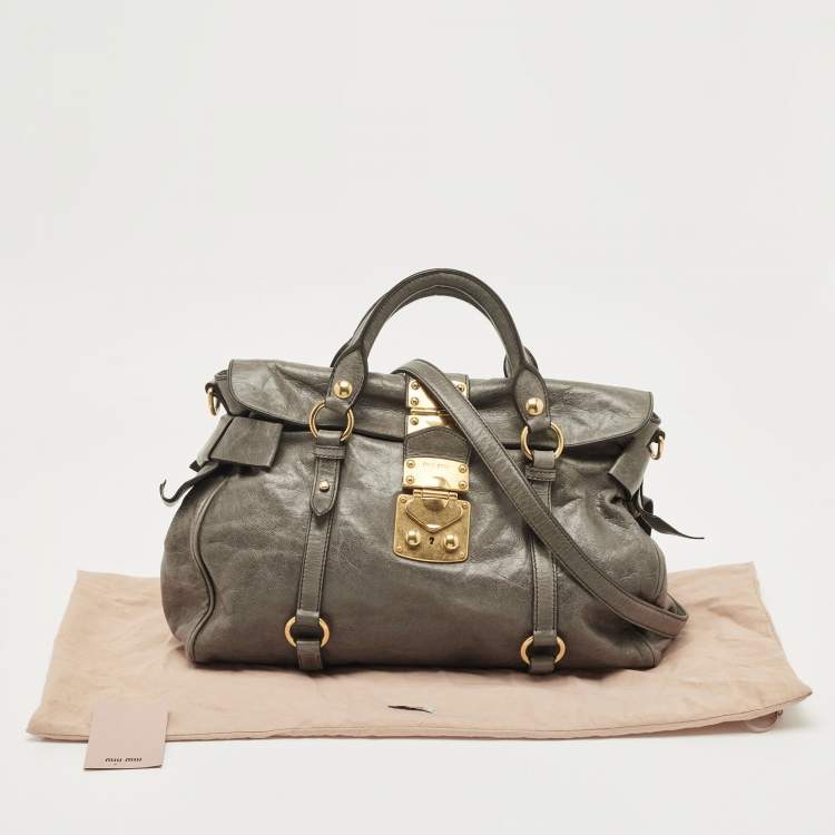 Pre Owned Miu Miu Grey Vitello Lux Leather Side Bow Bag