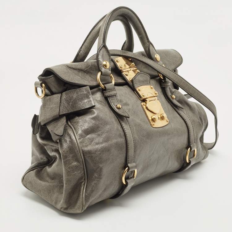 Pre Owned Miu Miu Grey Vitello Lux Leather Side Bow Bag