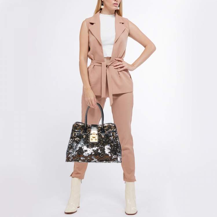 Pre Owned Miu Miu Silver/Black Sequins and Leather Tote