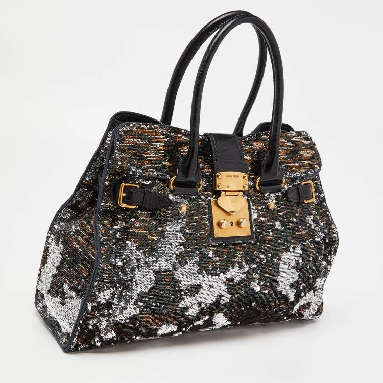Pre Owned Miu Miu Silver/Black Sequins and Leather Tote