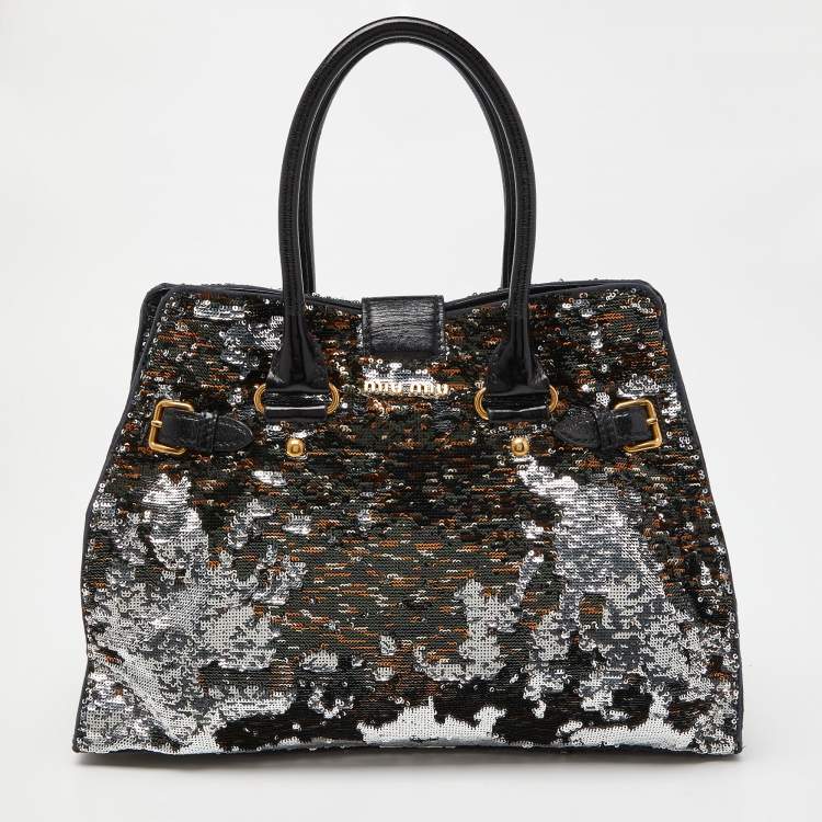 Pre Owned Miu Miu Silver/Black Sequins and Leather Tote