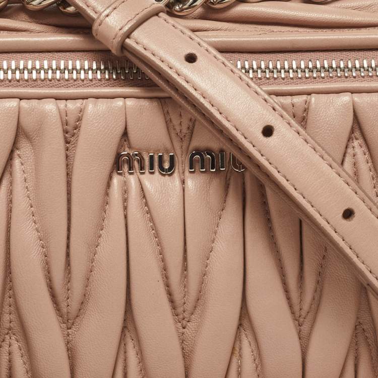 Pre Owned Miu Miu Dusty Pink Matelassé Leather Double Zip Crossbody Bag