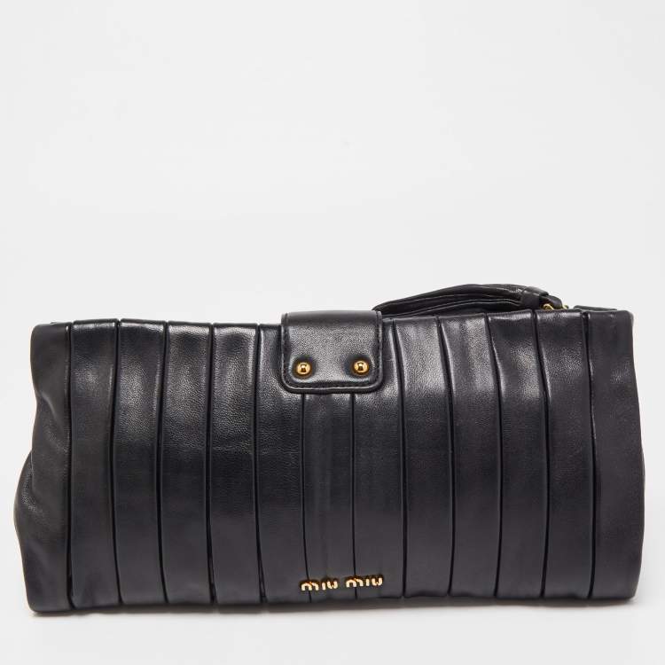 Pre Owned Miu Miu Black Pleated Striped Leather Clutch