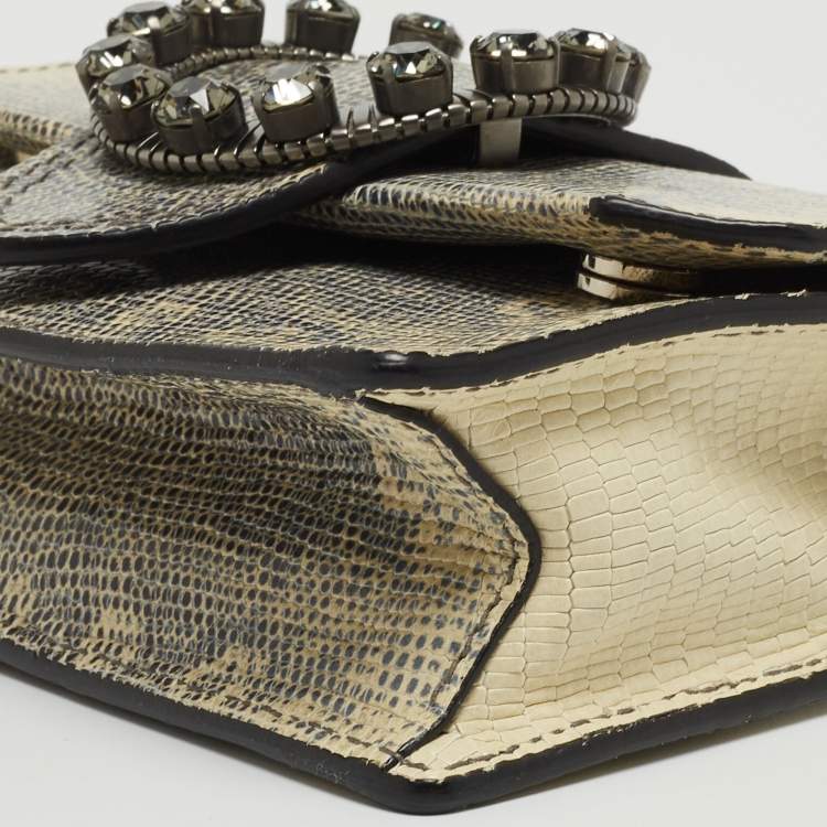 Pre Owned Miu Miu Cream/Black Lizard Embossed Leather Crystal Embellished Dahlia Crossbody Bag