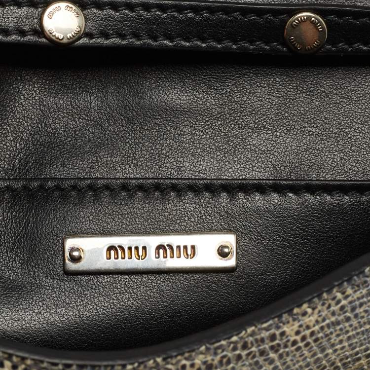 Pre Owned Miu Miu Cream/Black Lizard Embossed Leather Crystal Embellished Dahlia Crossbody Bag