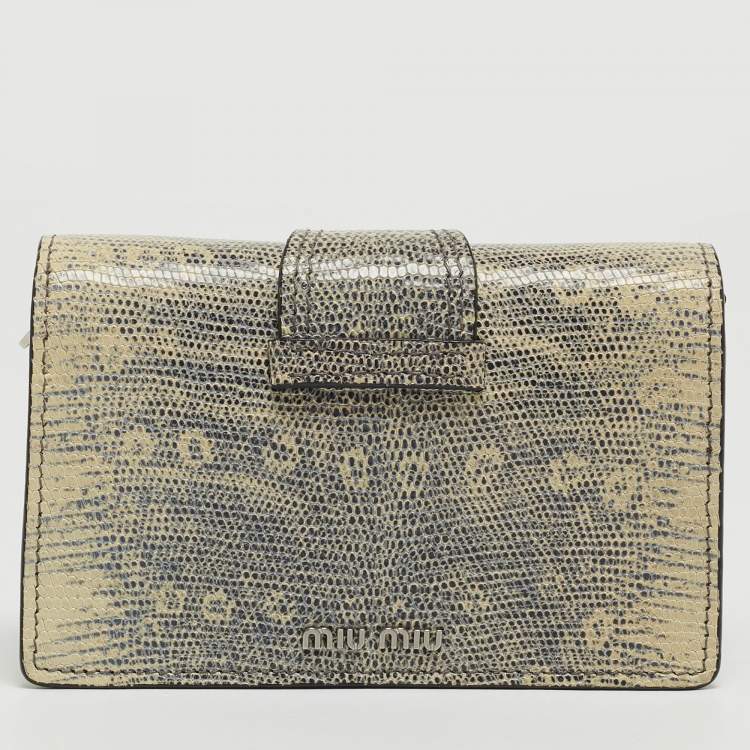 Pre Owned Miu Miu Cream/Black Lizard Embossed Leather Crystal Embellished Dahlia Crossbody Bag